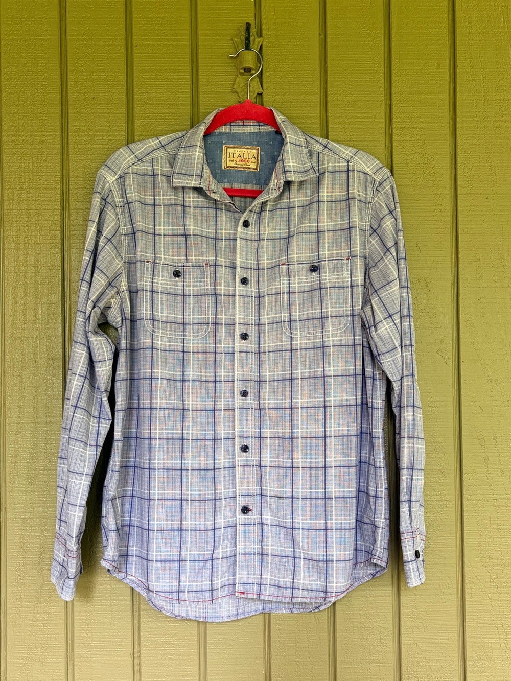 Vintage Italia Men's Medium Blue Plaid Long Sleeve Button Down Shirt EUC